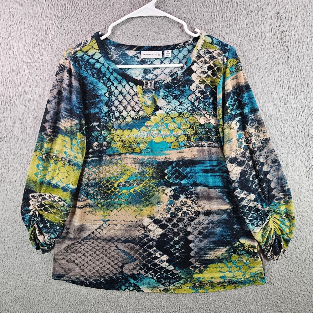 Susan Graver Womens Top Multi Color Snake Print Keyhole Neck Long Sleeve Size M‎